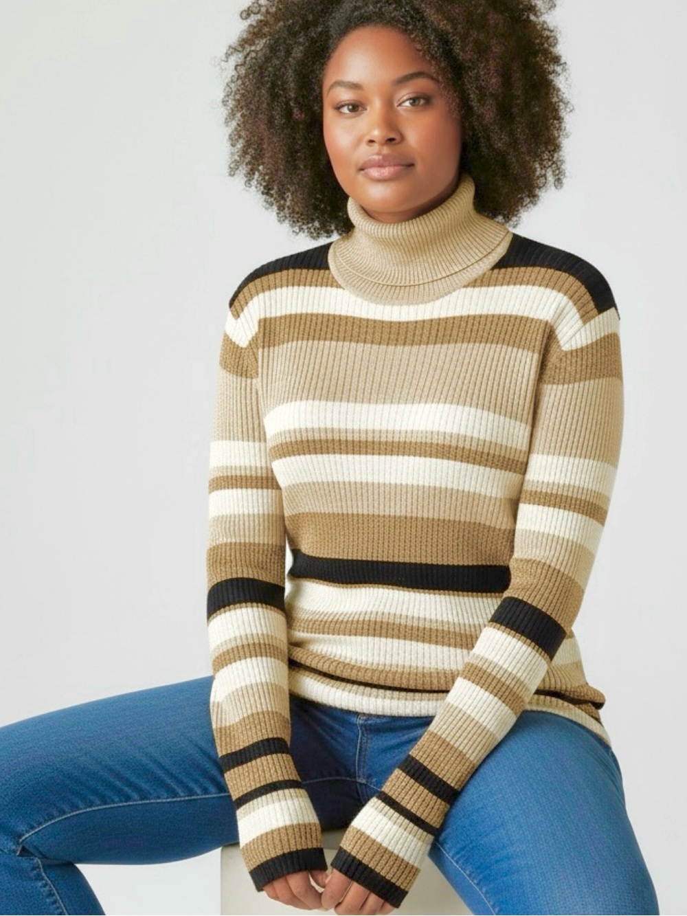 Joseph A Gold Metallic Turtle Neck Striped Sweater Glitter Sparkly Long Sleeve